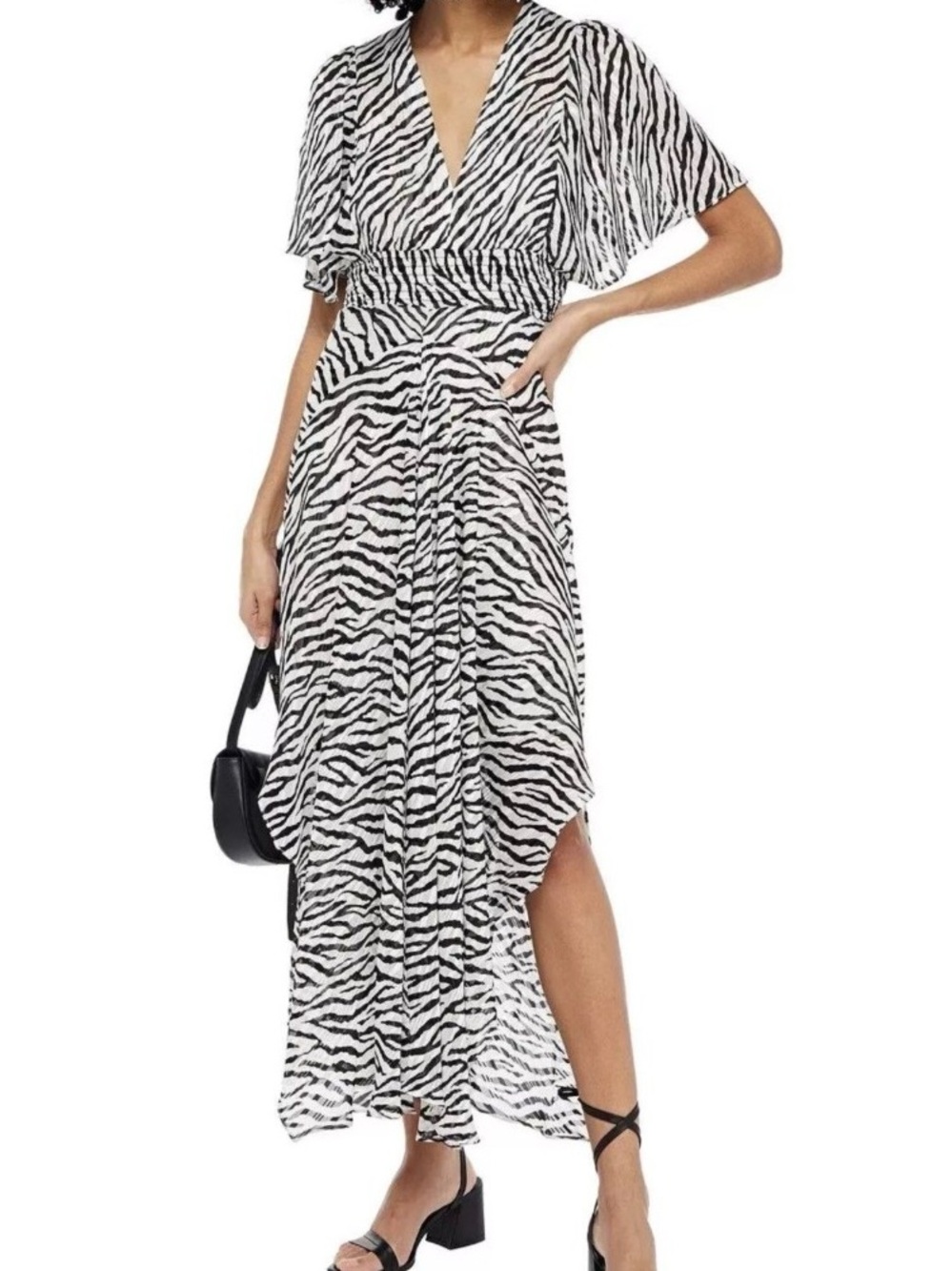 Maje Rachelle Zebra Print Smocked Maxi Dress Puff Sleeve Size 36